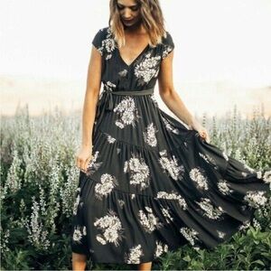 Free People All I Got Midi Maxi Dress Tiered Deep V Floral Boho Sz 0
